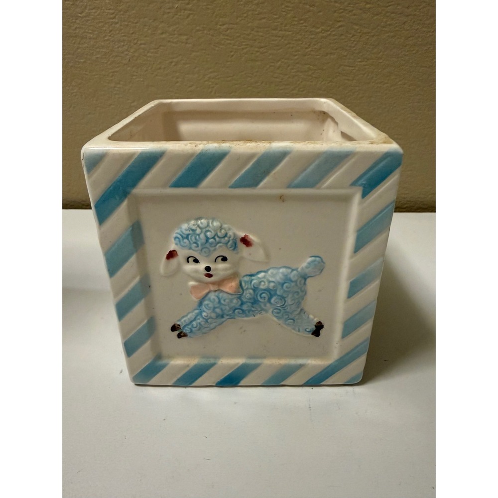 Vintage Napcoware Baby Block Planter Ceramic Nursery Animals Japan3095Blue White